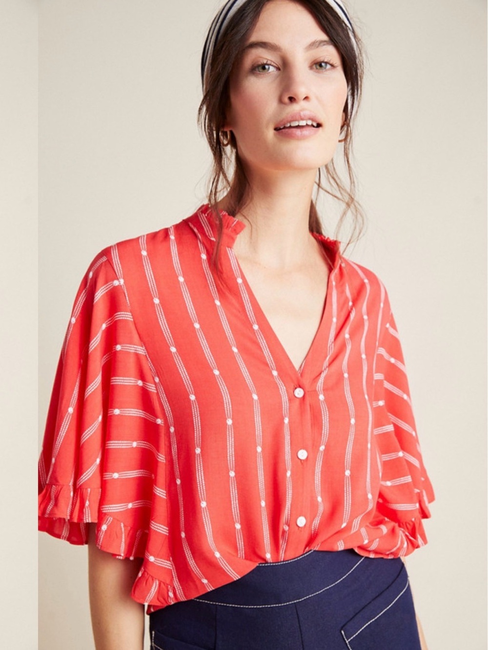 Anthropologie Maeve Aveiro Coral White Stripe Flutter Sleeve Buttondown Top XS